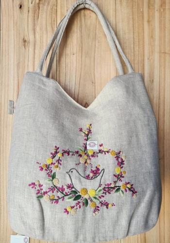 Hand Bags linen natural  bird  pink 