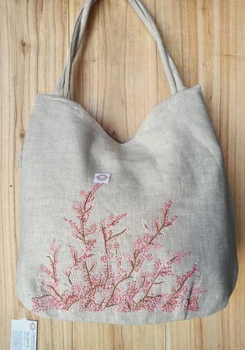Hand bags linen  natural  tree bloom flowes  pink 