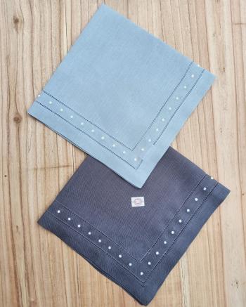 NapKin  linen hemstitch  Dots  Charcoal  Sky Blue 