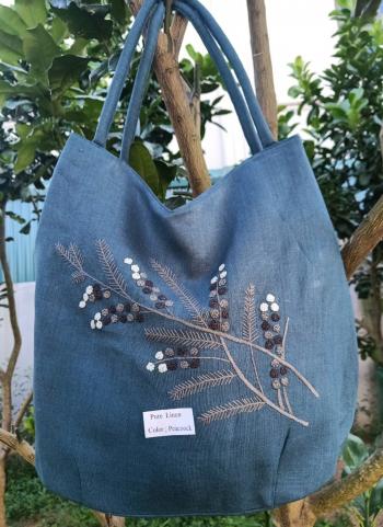 Hand bags linen  peacoock 