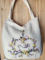 Hand bags linen Ivory  Bird  Yellow 